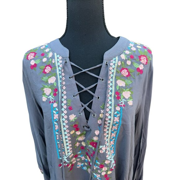 Andrée By Unit Embroidered Lace-Up Tunic Boho Mexican Tunic Top Gray Floral L - Picture 5 of 11